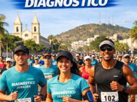 Imagem mostra pessoas correndo e a faixa "2ª Corrida do Dagnóstico".