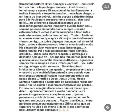 Thales postou carta aberta de despedida e revelou suposta traição da esposa - Foto: Divulgação/Redes Sociais