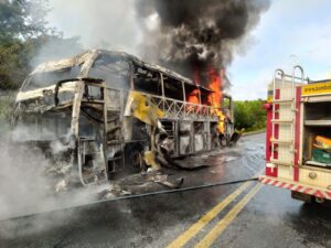 VIDEO: Ônibus que saiu do Goiás sentindo Bahia pega fogo na BR-251 