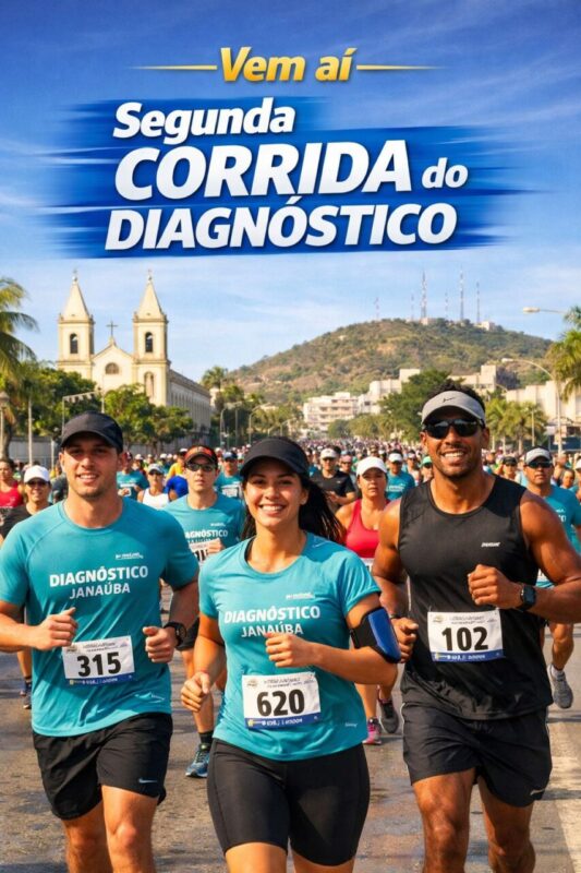 Imagem mostra pessoas correndo e a faixa "2ª Corrida do Dagnóstico".